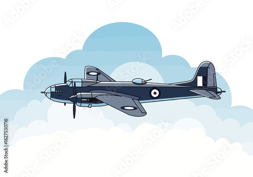 Classic World War II bomber aircraft in flight, a vintage military propeller plane illustrated against a cloudy sky.