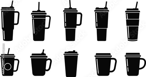 Black and white silhouette of portable coffee cups, travel mugs, straws, reusable drinkware for beverages, eco-friendly lifestyle, hydration on-the-go