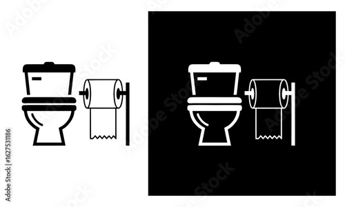 Monochrome black and white icon of a toilet paper roll beside a toilet, minimal vector design