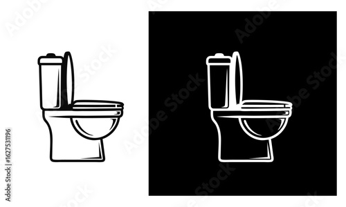 Black and white vector symbol of a public restroom toilet, side view, clean line art.