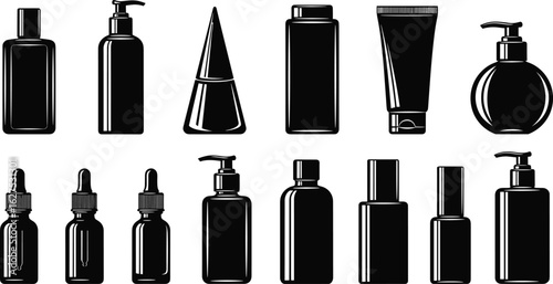 Cosmetic packaging silhouettes, dropper bottles, pump dispensers, tubes, jars for skincare, makeup, spa, haircare, beauty products, vector illustration