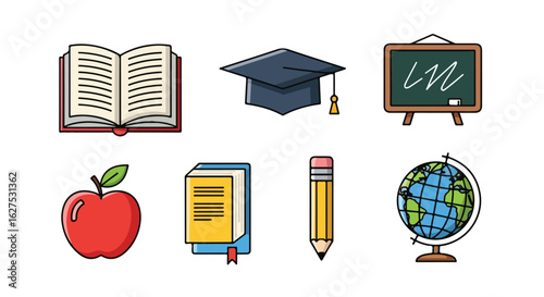 Education icons set illustrations book apple pencil globe mortarboard blackboard