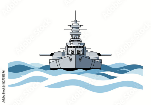 Front view illustration of a gray cartoon battleship with eyes sailing on wavy blue water.