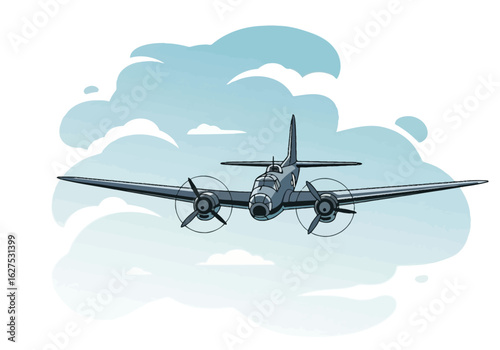 A stylized illustration of a vintage twin-engine bomber flying in a cloudy sky.