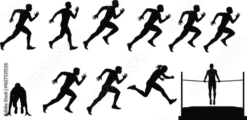 Running, Jumping, Silhouette, Athletic, Vector, Dynamic Motion, Fitness, Sports Training, High Jump, Track and Field, Exercise, Speed, Movement, Action, Stages, Competition, Athlete, Sporty