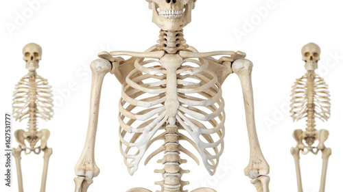 Three human skeletons on white background anatomy bones