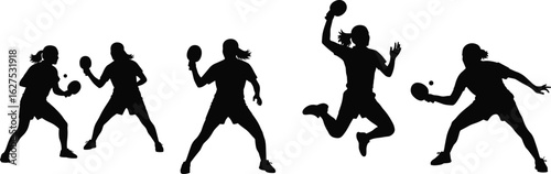 Table tennis players in silhouette, action poses, sports energy, paddle and ball, black and white illustration, competitive game, athletic performance concept