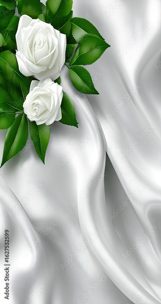 Fototapeta premium Two white roses on a draped silk fabric.