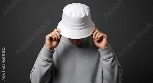 Anonymous person in a white bucket hat and grey hoodie, urban fashion mockup.
