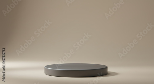 Minimal dark podium on a beige studio background with soft shadow. 3D rendered scene for product display and advertising.