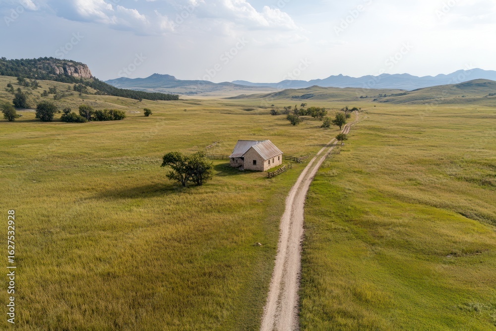 Obraz premium Spacious cattle ranch with peaceful natural surroundings and open pasture