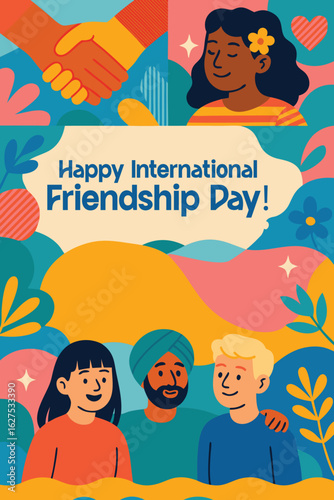 International Friendship Day: delightful scene of diverse friends smiling and holding hands with heartwarming expressions, celebrating the joy