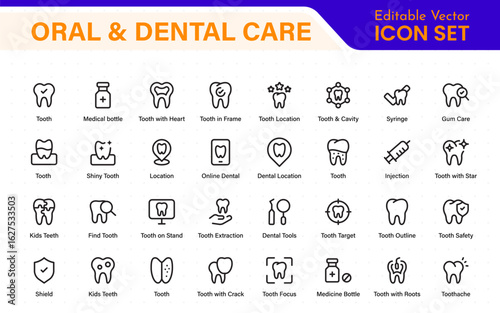 Oral and Dental care icon set. Containing tooth, dentist, toothpaste, toothbrush, teeth, implant and dentistry icons. Solid icon collection.