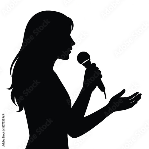 Profile silhouette of a woman singing or speaking into a microphone