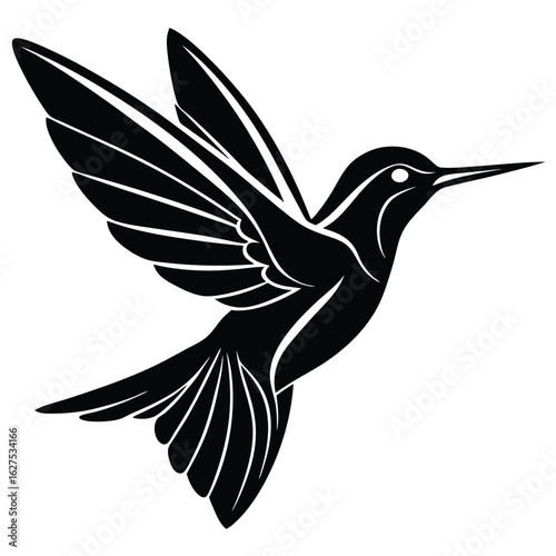 Black silhouette of a hummingbird with wings spread in flight white