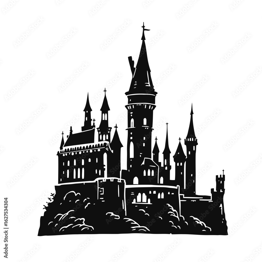 Obraz premium Medieval Prague castle silhouette with cathedral and church towers, a cartoon vector illustration of old European city architecture