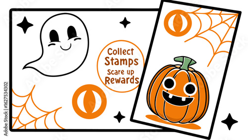 Cute halloween themed stamp collection card featuring a friendly ghost and a jack o lantern with spooky spiderwebs and eye motifs to scare up rewards
