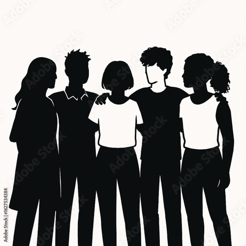 Group of supportive young people in silhouette, a symbol of community, friendship, and unity.