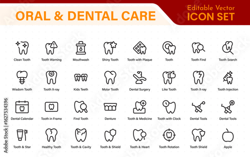 Oral and Dental care icon set. Containing tooth, dentist, toothpaste, toothbrush, teeth, implant and dentistry icons. Solid icon collection.