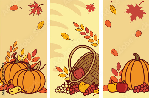 Three panels showing pumpkins, cornucopia, apples, grapes, and autumn leaves on a light yellow background