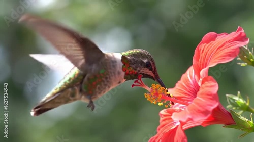 Anna's Hummingbird Hovering Near a Red Hibiscus Flower, Close-Up