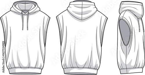 Sleeveless hoodie fashion flat sketch front, back, side view, technical vector template for activewear design, casual streetwear clothing, gym apparel, garment production mockup