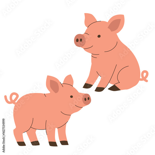 Flat illustration of two pink piglets in playful poses. Cute cartoon style with minimal details, ideal for childrens books, farm themed content, educational materials, and animal designs. Vector