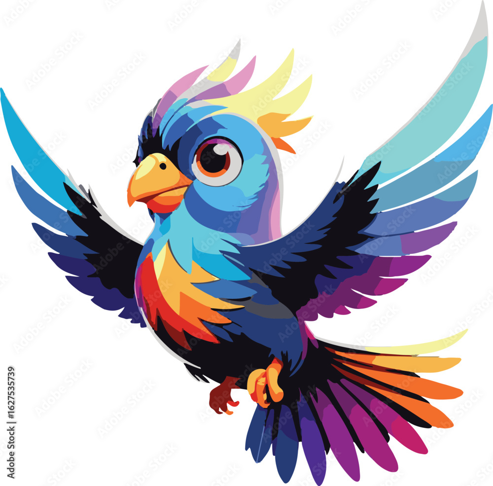 Fototapeta premium Tropical Bird Vector | Flat Color Wings Spread | 8-10 Color Palette | No Background EPS/SVGVibrant Flying Bird | Open Wings Colorful Design | Minimal Avian Art | Flat Style ClipartColorful Wings V