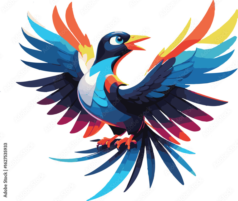 Fototapeta premium Tropical Bird Vector | Flat Color Wings Spread | 8-10 Color Palette | No Background EPS/SVGVibrant Flying Bird | Open Wings Colorful Design | Minimal Avian Art | Flat Style ClipartColorful Wings V