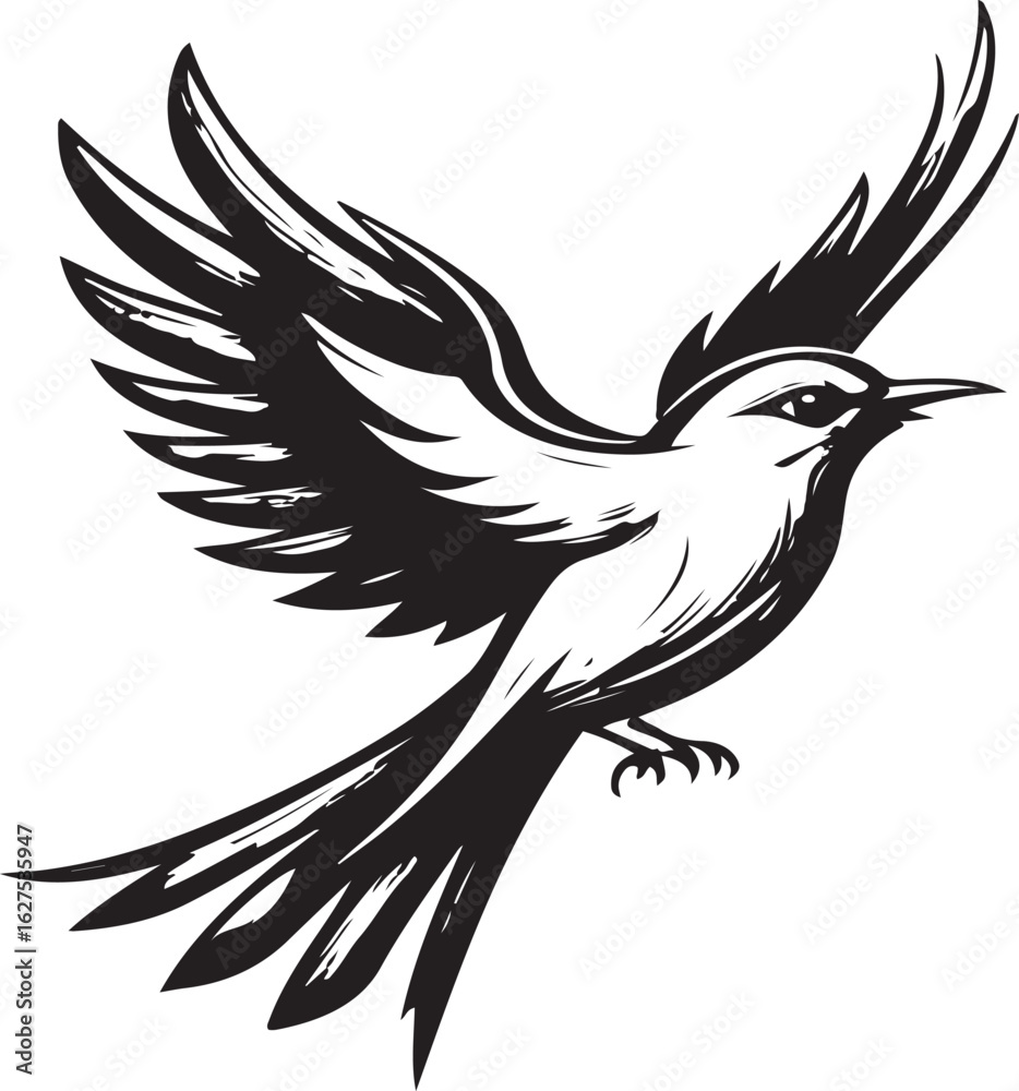 Obraz premium Soaring Bird Vector | Open Wings Silhouette | Minimal Flying Animal | No BackgroundBird in Flight Vector | Wings Spread Design | Black and White Clipart | Freedom SymbolEagle/Wings Vector Art | Ma