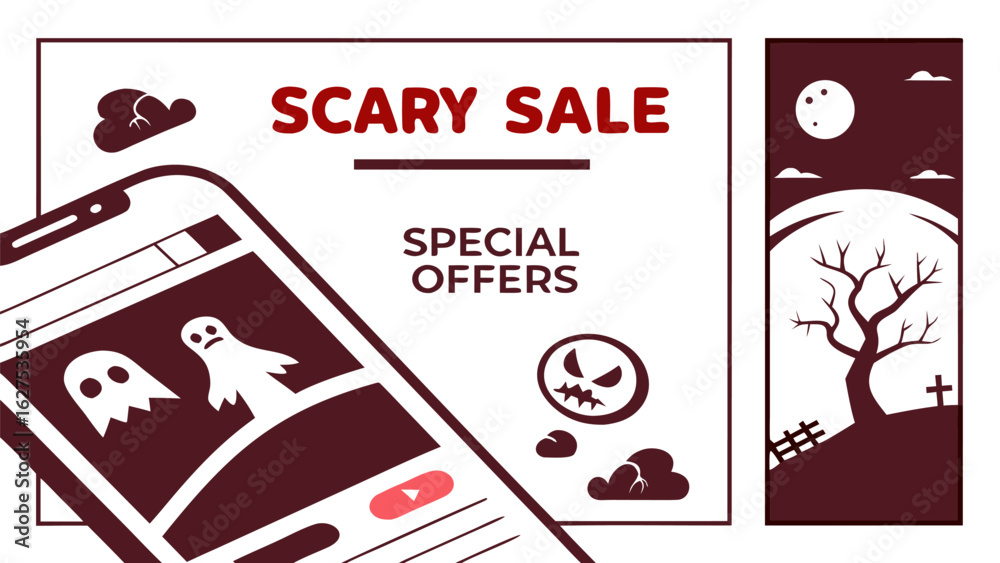 Fototapeta premium Spooky halloween scary sale featuring special offers on a smartphone screen with ghostly illustrations and a haunted landscape