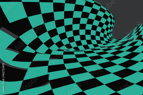 A warped checkered surface with black and teal squares creating an abstract three dimensional landscape
