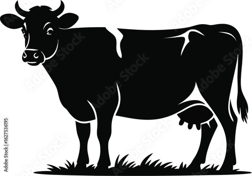 Black silhouette of a dairy cow stands gracefully, showcasing its iconic form and gentle features, perfect for agricultural, farming, or dairy-related designs and branding.