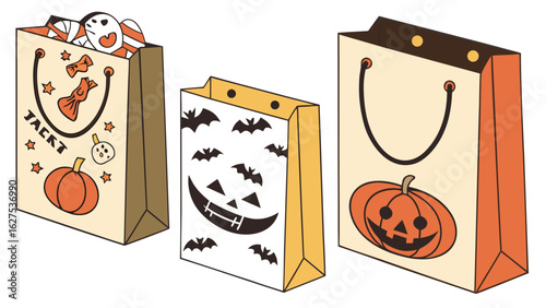 Three festive halloween trick or treat bags filled with candy and decorated with pumpkins and bats perfect for collecting goodies