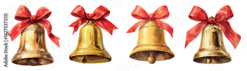 Set of Christmas bells watercolor png. Christmas golden bells decorated with a red bow of watercolor ribbon. Christmas decor for the Christmas tree, and holiday decorations. Vintage New Year..