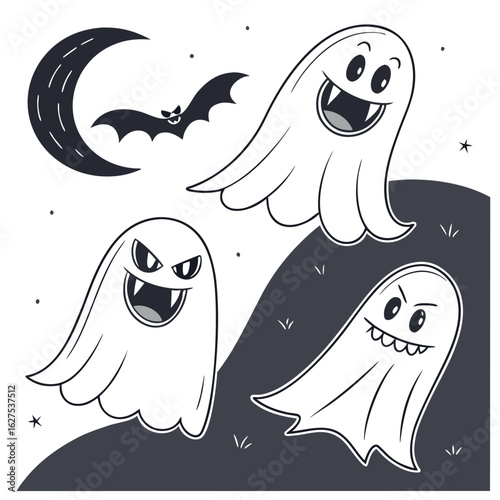 Spooky halloween night with three playful ghosts and a bat flying under a crescent moon perfect for festive decorations and designs