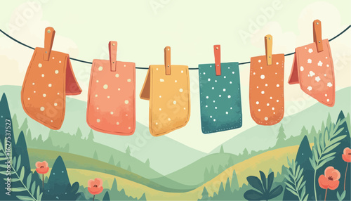 Colorful Laundry Clothes Hanging on Line in Nature Scene