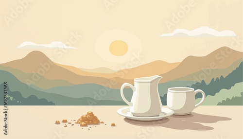 Minimalist Landscape with Coffee Pot and Cup During Sunrise in Soft Pastel Colors