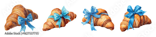 A set of croissants decorated with a blue satin stitch with a bow. Aesthetic food. French pastries. Elements for aesthetic food decoration, gender party, etc. Vector illustration.