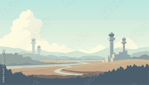 Futuristic Airport Control Towers Landscape in Soft Pastel Colors
