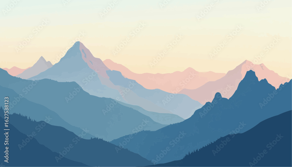 Obraz premium Serene Mountain Range with Layered Peaks in Soft Pastel Colors at Sunrise