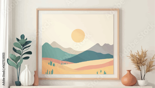 Minimalist Landscape Artwork in Modern Room with Decorative Vases and Plants