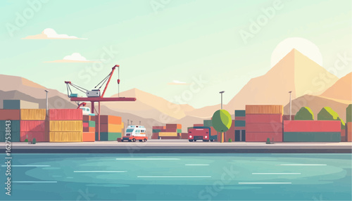 Cargo Port with Shipping Containers Crane and Vehicles in Mountain Landscape