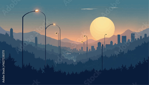 Sunset Over City Skyline With Illuminated Streetlights and Mountain Background