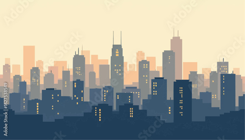 City Skyline Silhouette During Sunset with Tall Buildings and Warm Light