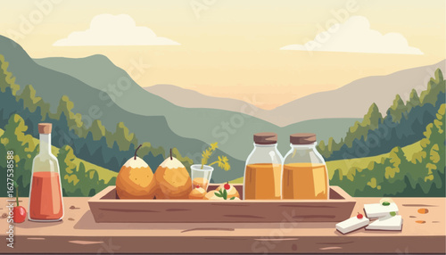 Rustic Outdoor Breakfast Table Scene with Pears Honey and Syrup in Nature Setting
