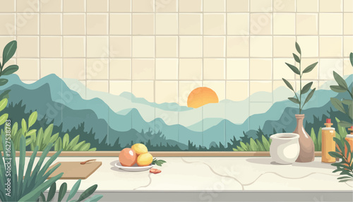 Serene Kitchen Windowsill with Potted Plants and Sunset View