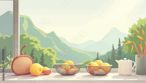 Bright Sunlit Kitchen Counter with Lemons Apple Cutting Board Teapot and Potted Plant Scenic Mountain View