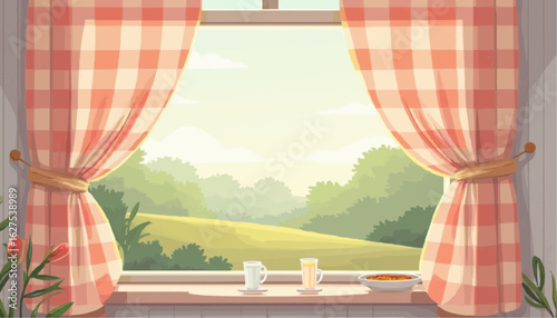Cozy Kitchen Window Scene with Checkered Curtains and Scenic View