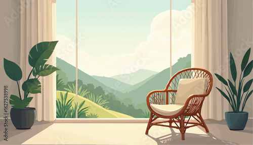 Cozy Rattan Armchair in Bright Living Room with Large Window Showing Mountain Landscape